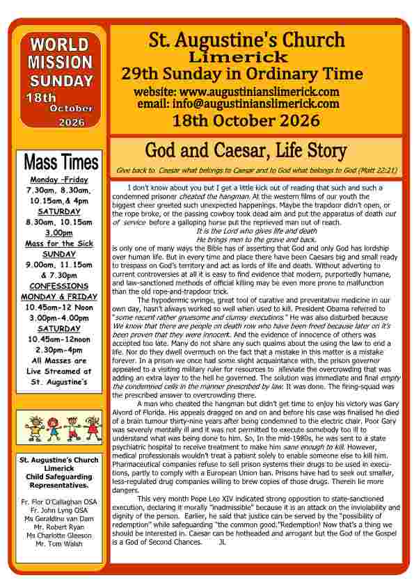 10 18 2026 Bulletin Augustinians Limerick Cover